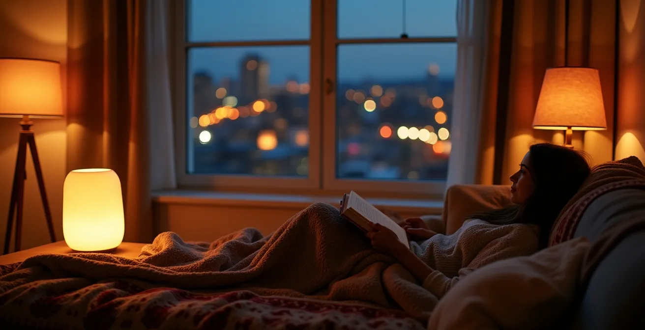 Ambiance tamisée du soir dans un intérieur québécois avec éclairage chaleureux