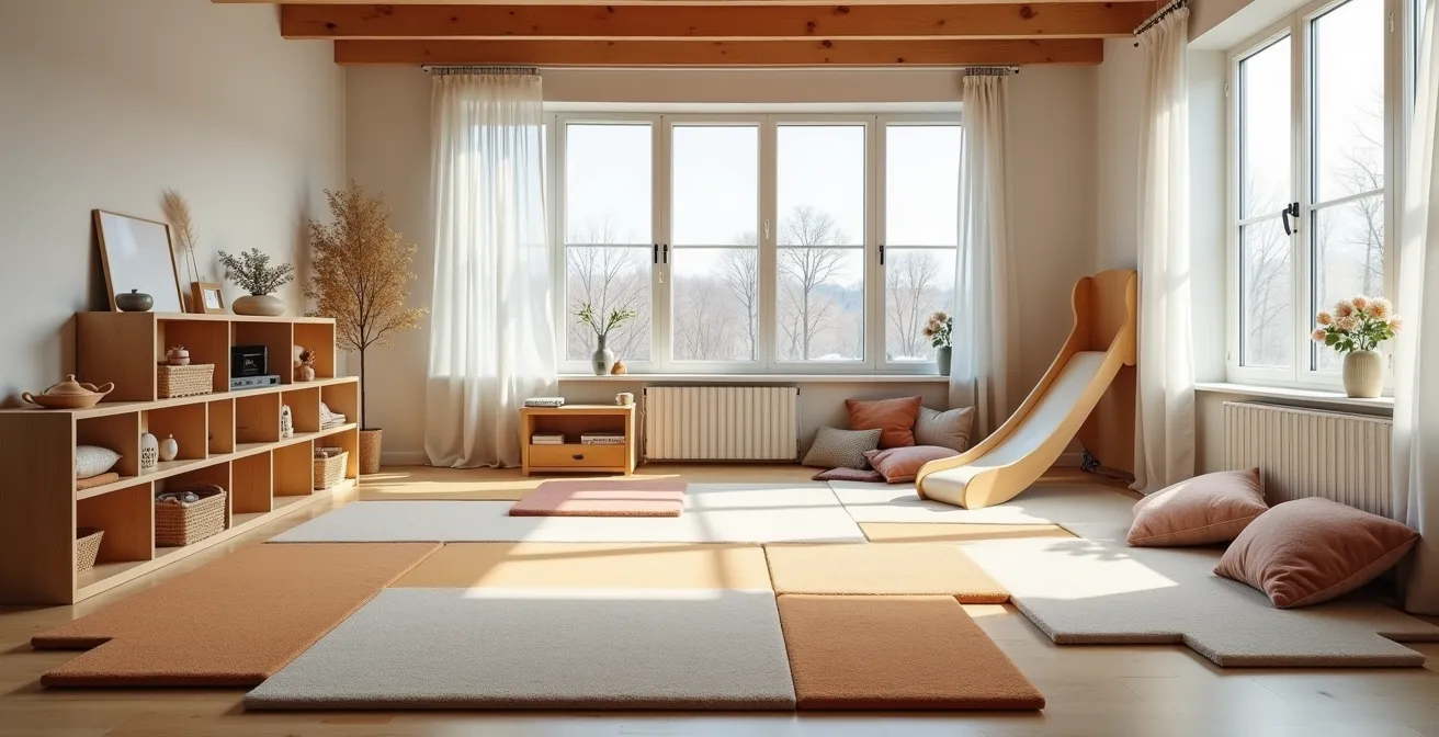 Vue large d'un salon québécois aménagé avec différentes zones de jeu et parcours moteur pour enfant