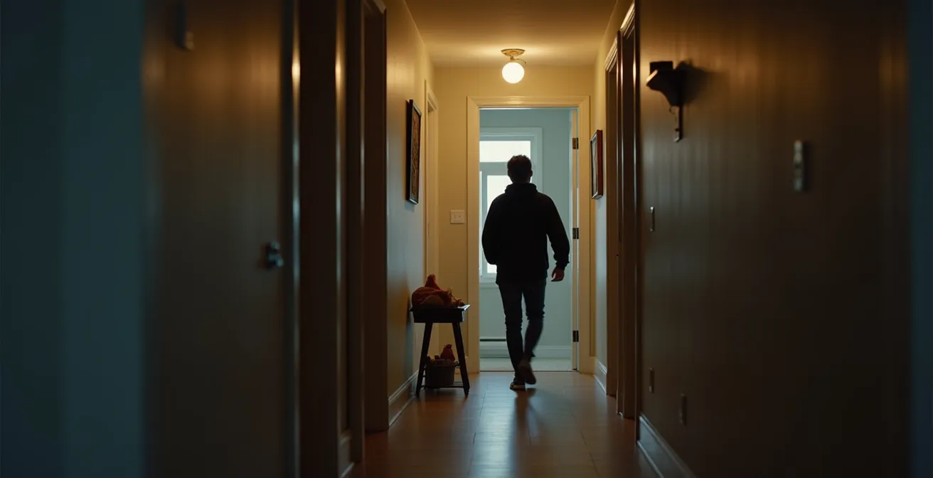 Personne écoutant un podcast québécois en enfilant ses vêtements de sport dans un vestibule d'entrée typique du Québec