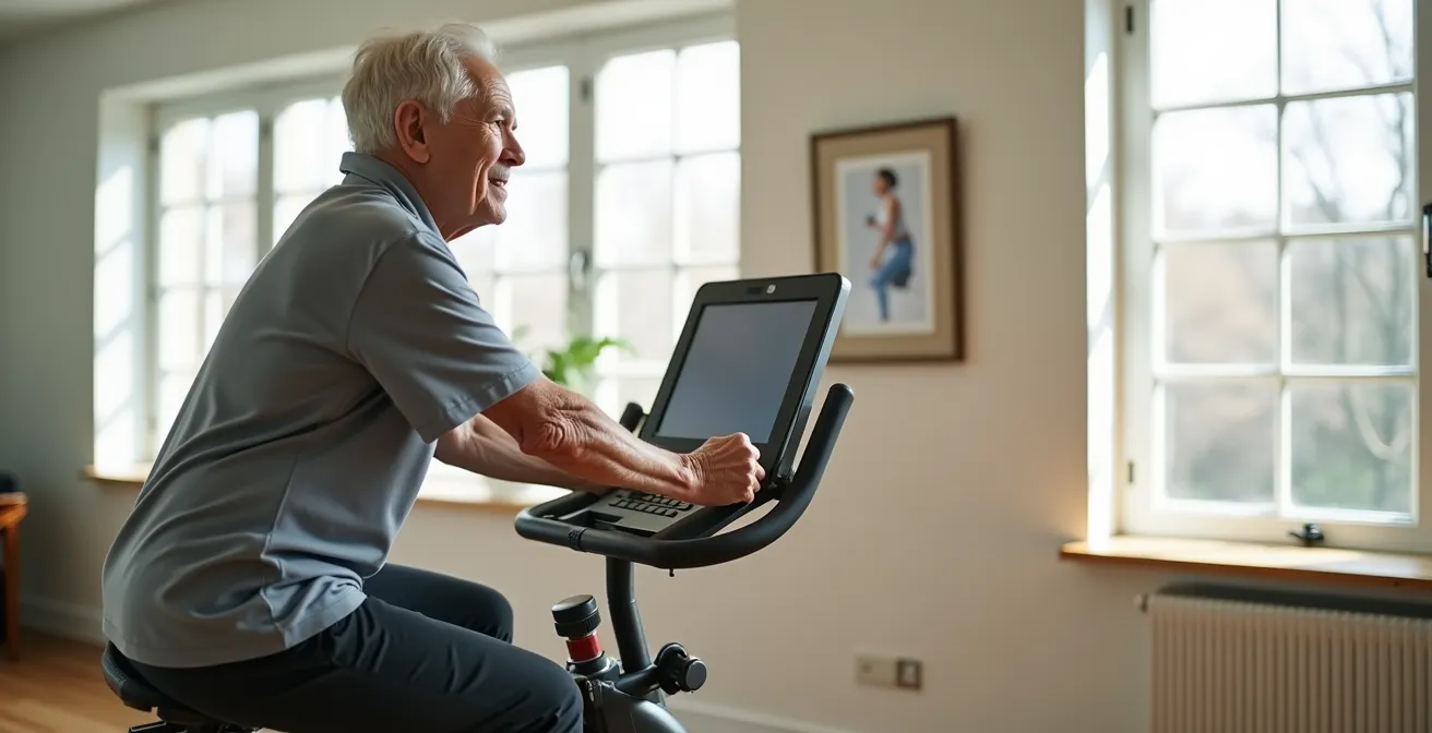 Senior sur vélo stationnaire avec équipement de surveillance cardiaque dans un environnement sécurisé