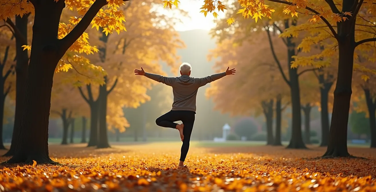 Senior pratiquant un exercice d'équilibre dans un parc québécois en automne