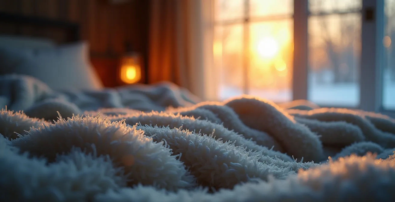 Intérieur chaleureux québécois avec lampe de luminothérapie sur table de chevet et vue sur paysage enneigé