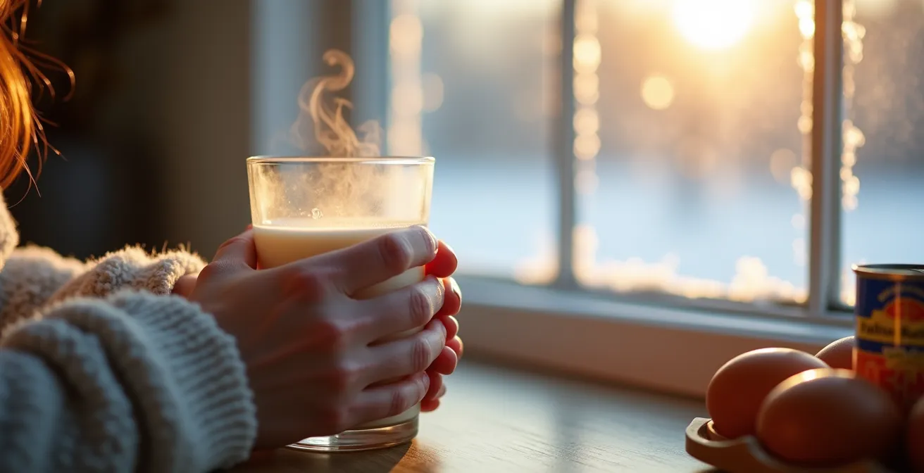 Aliments riches en vitamine D disposés sur une table avec de la neige visible par la fenêtre