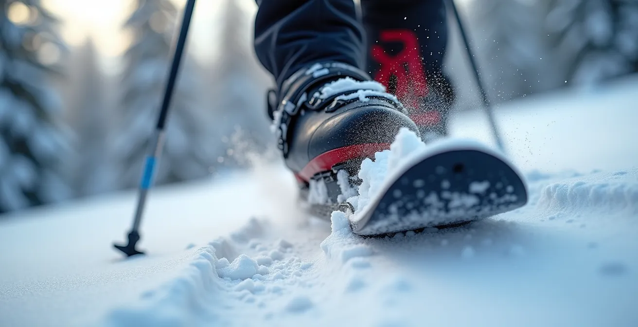 Gros plan sur un pied de skieur écrasant la zone d'accroche du ski dans la neige