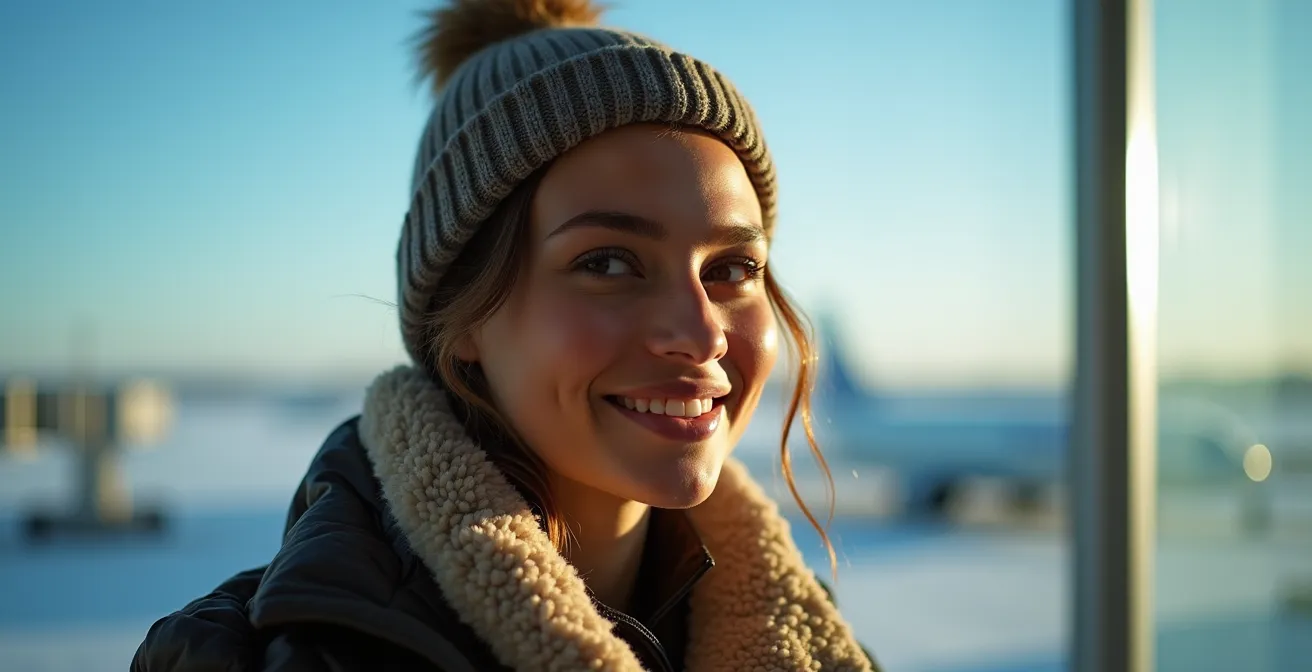 Contraste visuel entre plage ensoleillée et aéroport enneigé du Québec illustrant le choc thermique du retour
