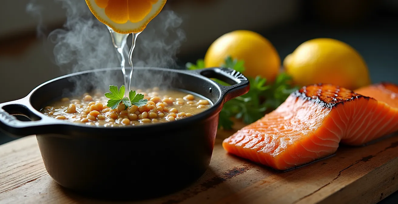 Composition culinaire québécoise avec lentilles, agrumes et saumon de Gaspésie, symbolisant la synergie des nutriments.