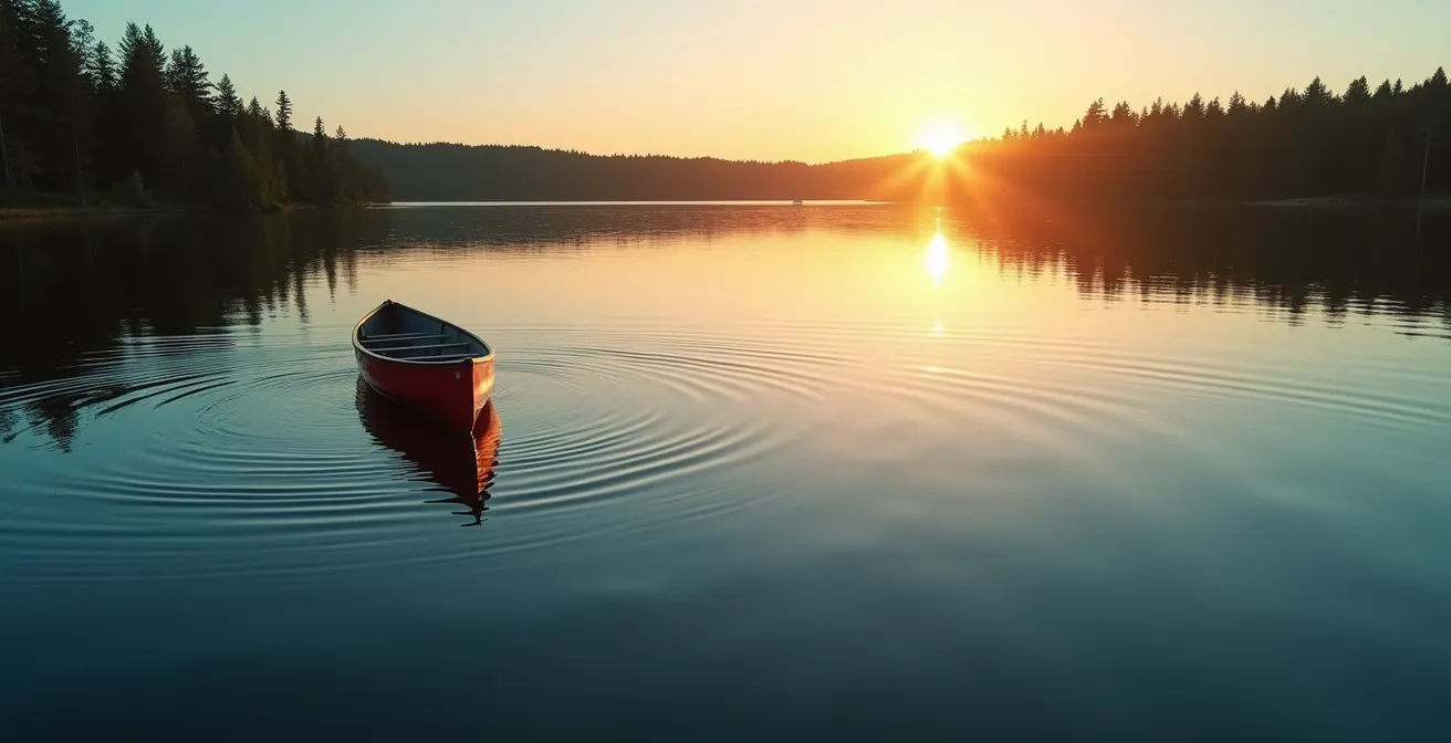 Vue aérienne d'un lac des Laurentides avec canoë solitaire créant des ondulations paisibles